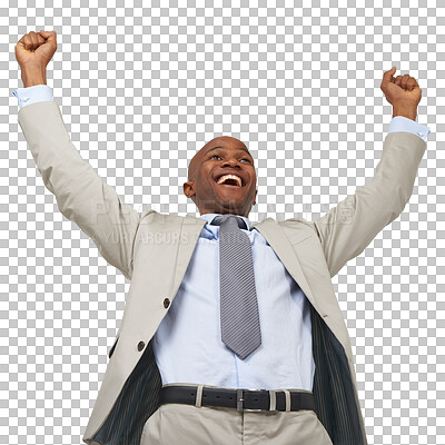 Buy stock photo Celebrate, success and a happy business man isolated on a transparent, png background. Professional African person with fist for excited win, achievement and corporate career victory or bonus