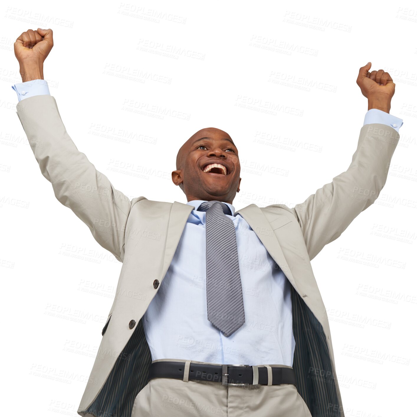 Buy stock photo Celebrate, success and a happy business man isolated on a transparent, png background. Professional African person with fist for excited win, achievement and corporate career victory or bonus