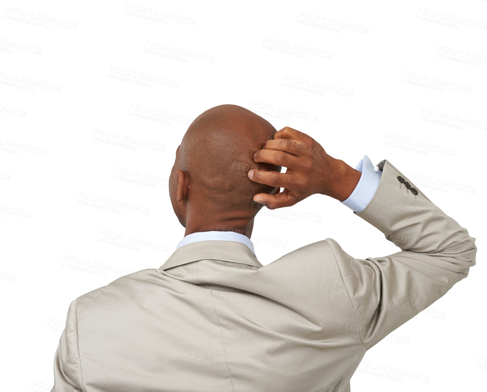 Buy stock photo Thinking, confused and back of business man on isolated, png and transparent background with ideas. Professional, corporate worker and male person scratching head with doubt, unsure and decision