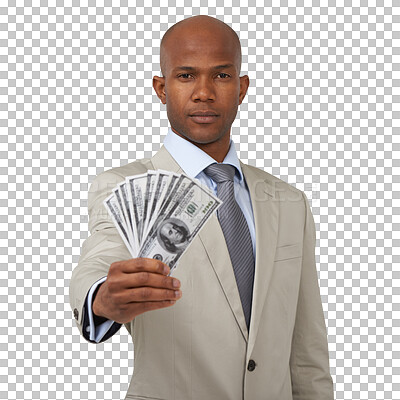 Buy stock photo Black man, business and cash fan with investment, trading and financial manager isolated on png transparent background. Dollar bills, payment and money, male trader with loan and finance in portrait