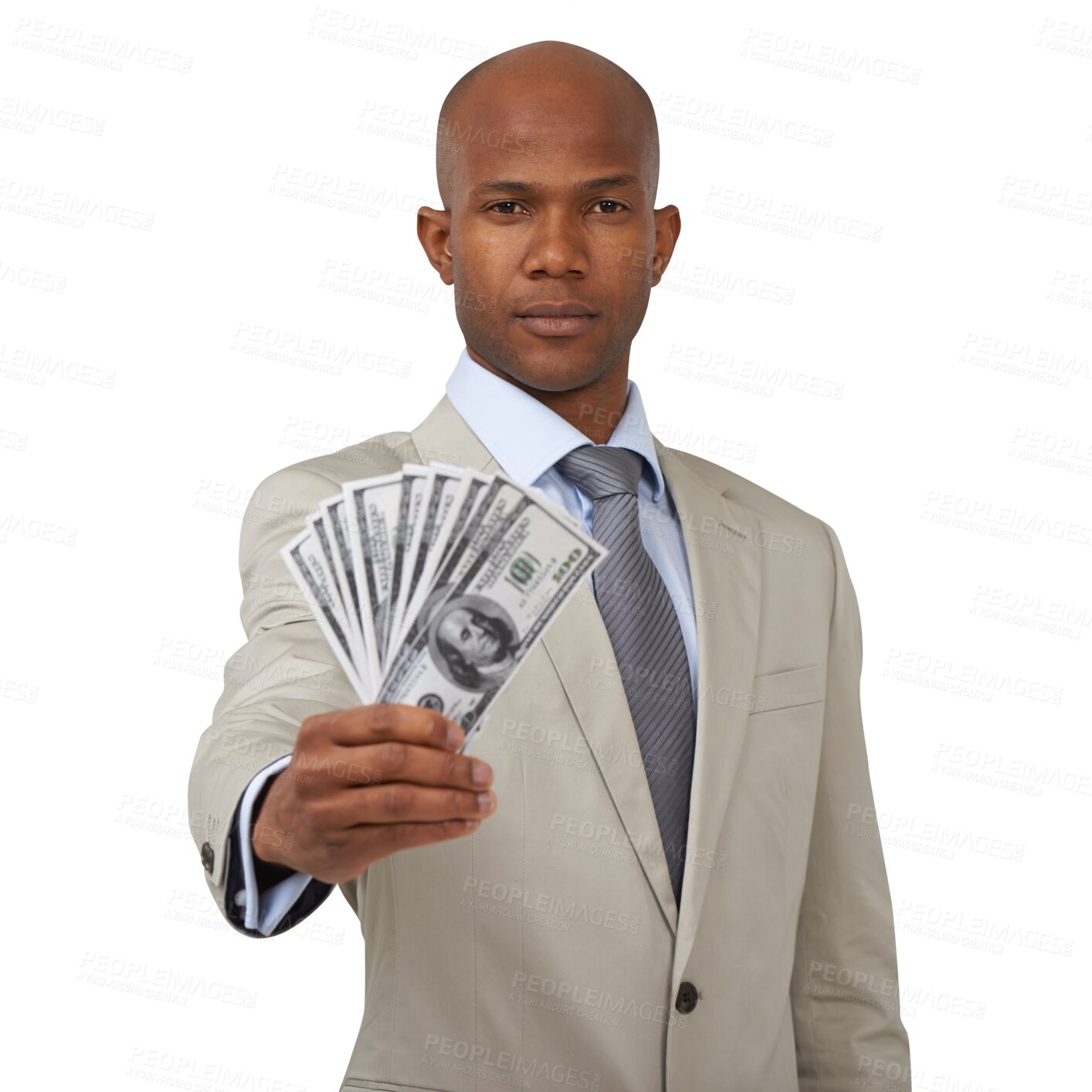 Buy stock photo Black man, business and cash fan with investment, trading and financial manager isolated on png transparent background. Dollar bills, payment and money, male trader with loan and finance in portrait