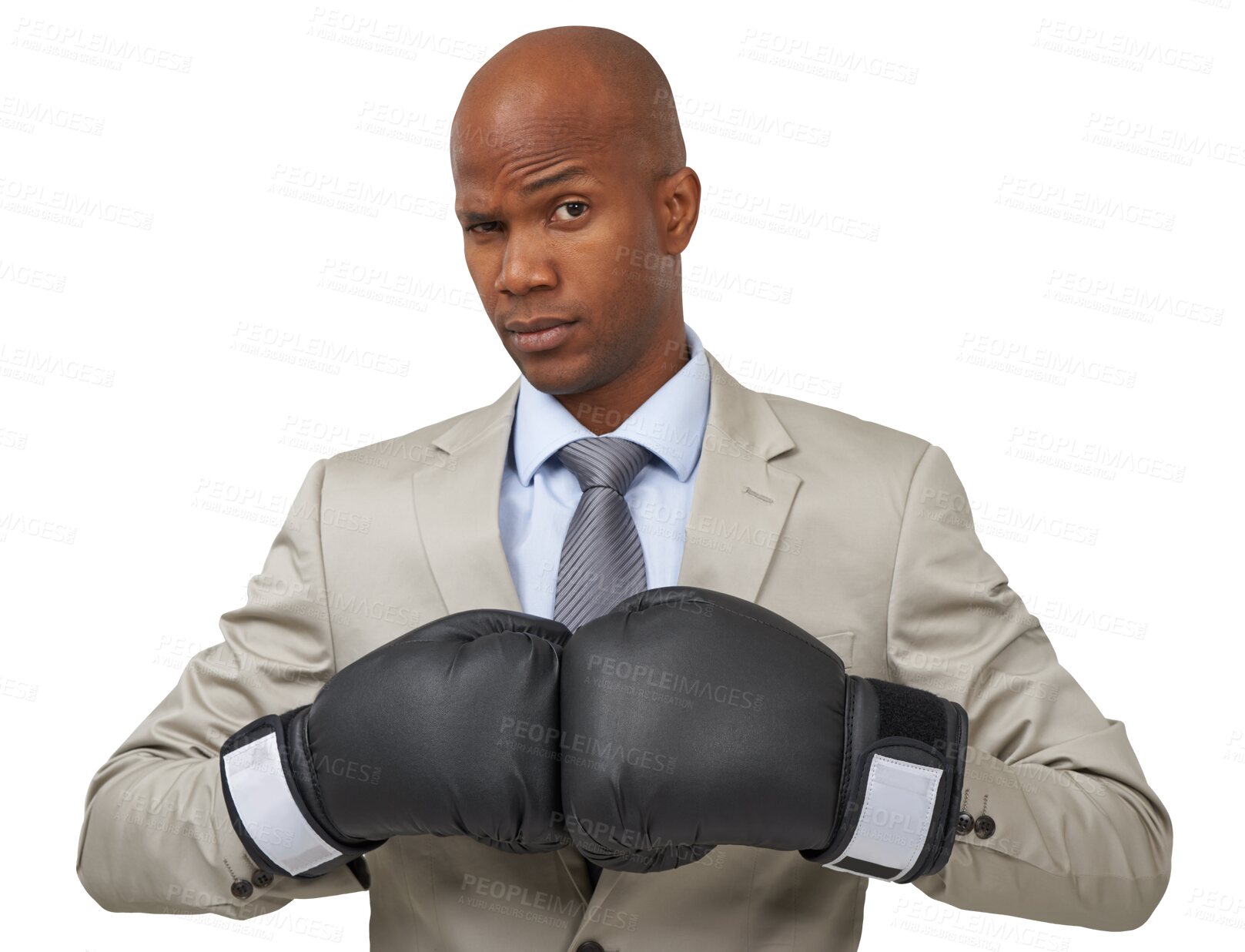 Buy stock photo Boxing gloves, attitude and portrait of business black man on isolated, png and transparent background. Corporate manager, professional and serious male person for empowerment, challenge and fight