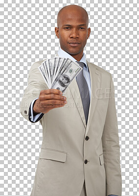 Buy stock photo Money, portrait and business man with loan on isolated, transparent and png background. Cash, hand holding and male face with lottery, success or investment, growth and cashback or financial freedom