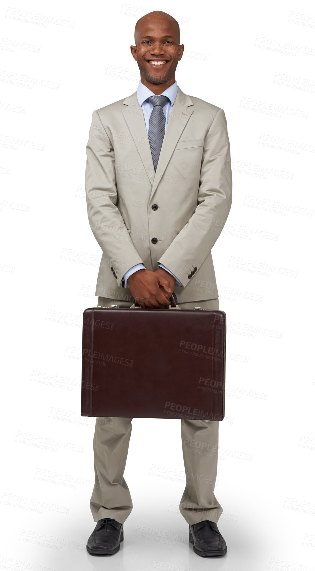 Buy stock photo Black man, briefcase and full body portrait, corporate career and smile isolated on png transparent background. Success, professional business and male employee with confidence in salesman job