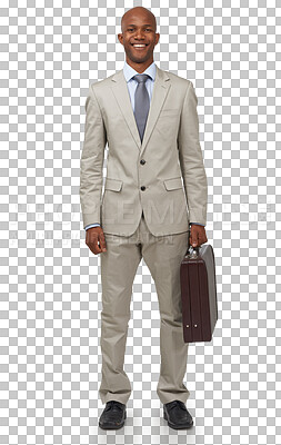 Buy stock photo Black man in business, briefcase and full body portrait, career and smile isolated on png transparent background. Corporate, professional mindset and male CEO in suit, confidence and job satisfaction