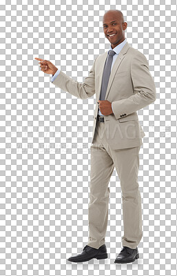 Buy stock photo Business, portrait and happy man with hand pointing to FAQ, vote or promo on isolated, transparent or png background. Face, how to and African guy show process, schedule or contact, deal info or step