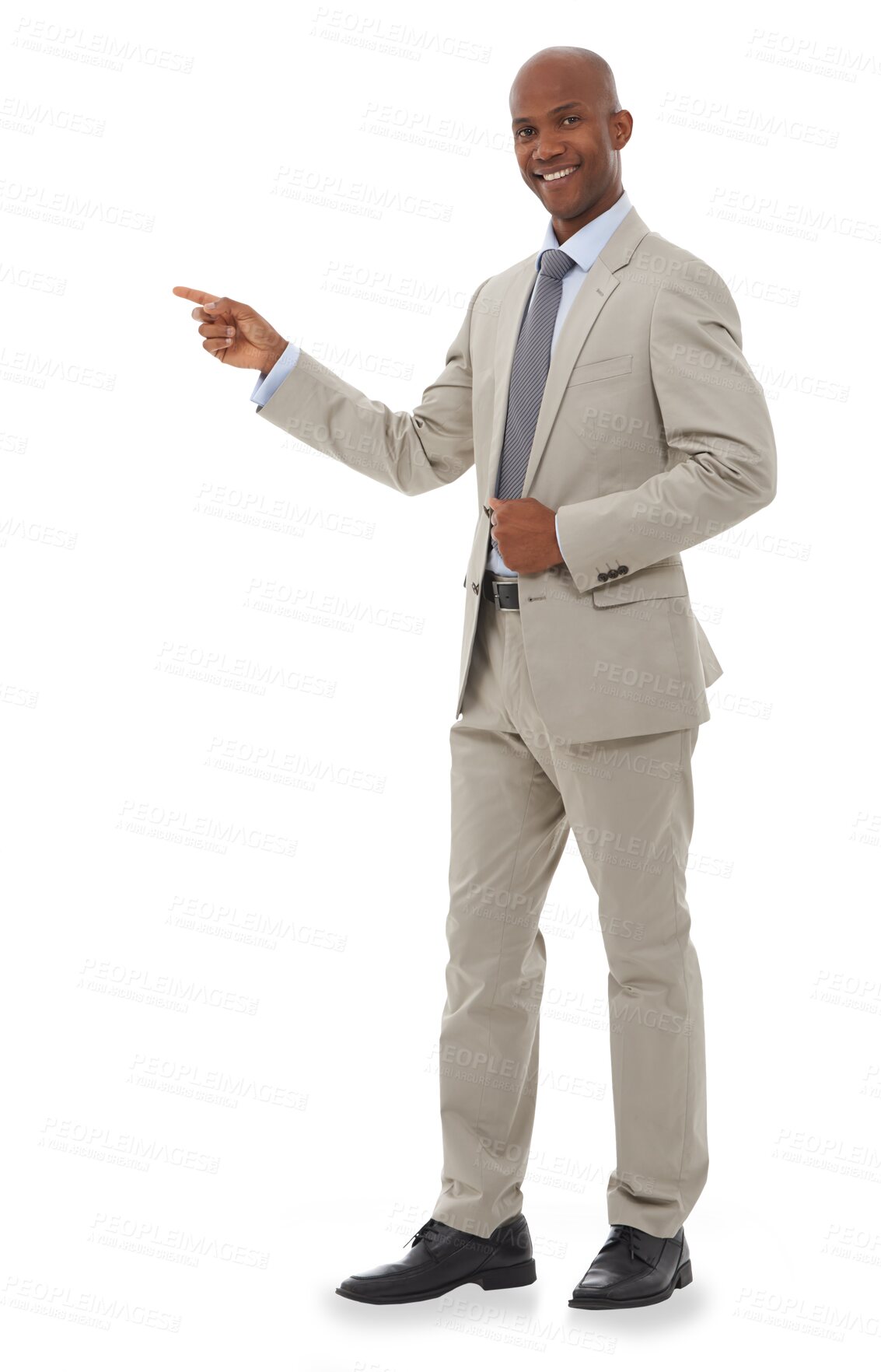 Buy stock photo Business, portrait and happy man with hand pointing to FAQ, vote or promo on isolated, transparent or png background. Face, how to and African guy show process, schedule or contact, deal info or step