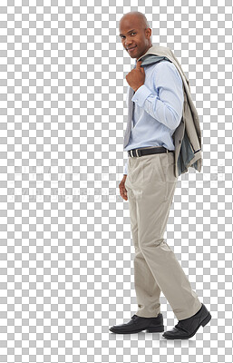 Buy stock photo Jacket, shoulder and portrait of business black man isolated on png and transparent background. Corporate worker, professional and confident male person walking for career, job and work opportunity