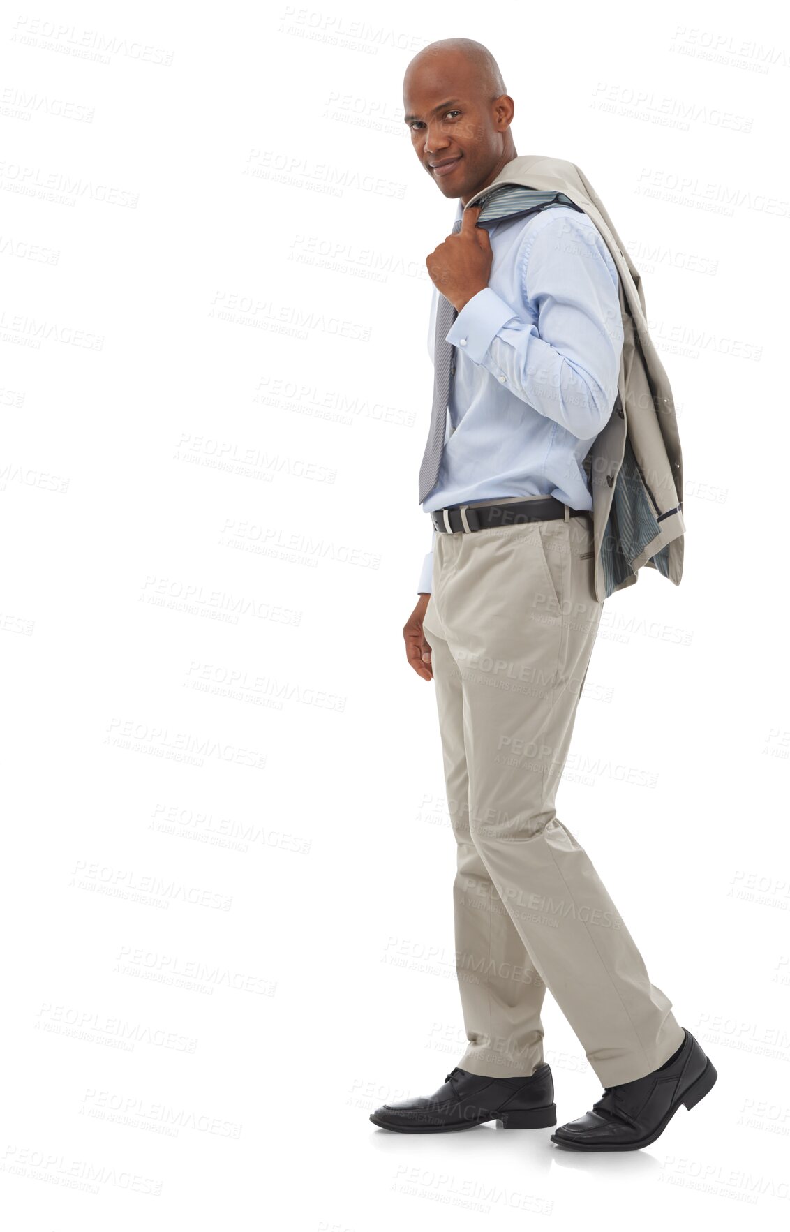 Buy stock photo Jacket, shoulder and portrait of business black man isolated on png and transparent background. Corporate worker, professional and confident male person walking for career, job and work opportunity