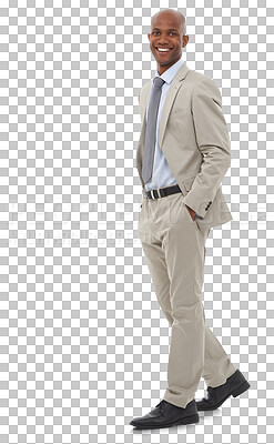 Buy stock photo Corporate, happy and portrait of business black man with hands in pockets on png and transparent background. Professional manager, confident and isolated male person in suit for career, job and work