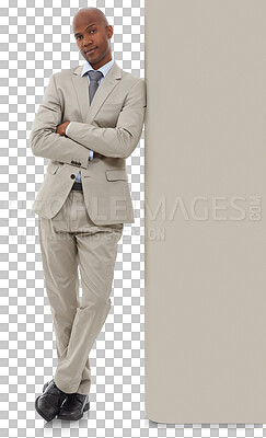 Buy stock photo Leaning, arms crossed and business with a black man on a board or portrait of a corporate lawyer in png. Advocate, serious and professional with male employee isolated on transparent background