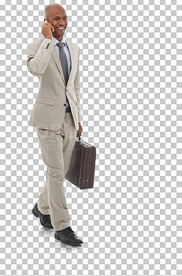 Buy stock photo Business man, briefcase and walking with phone call for communication, feedback and negotiation isolated on transparent png background. African salesman, corporate and mobile contact for conversation