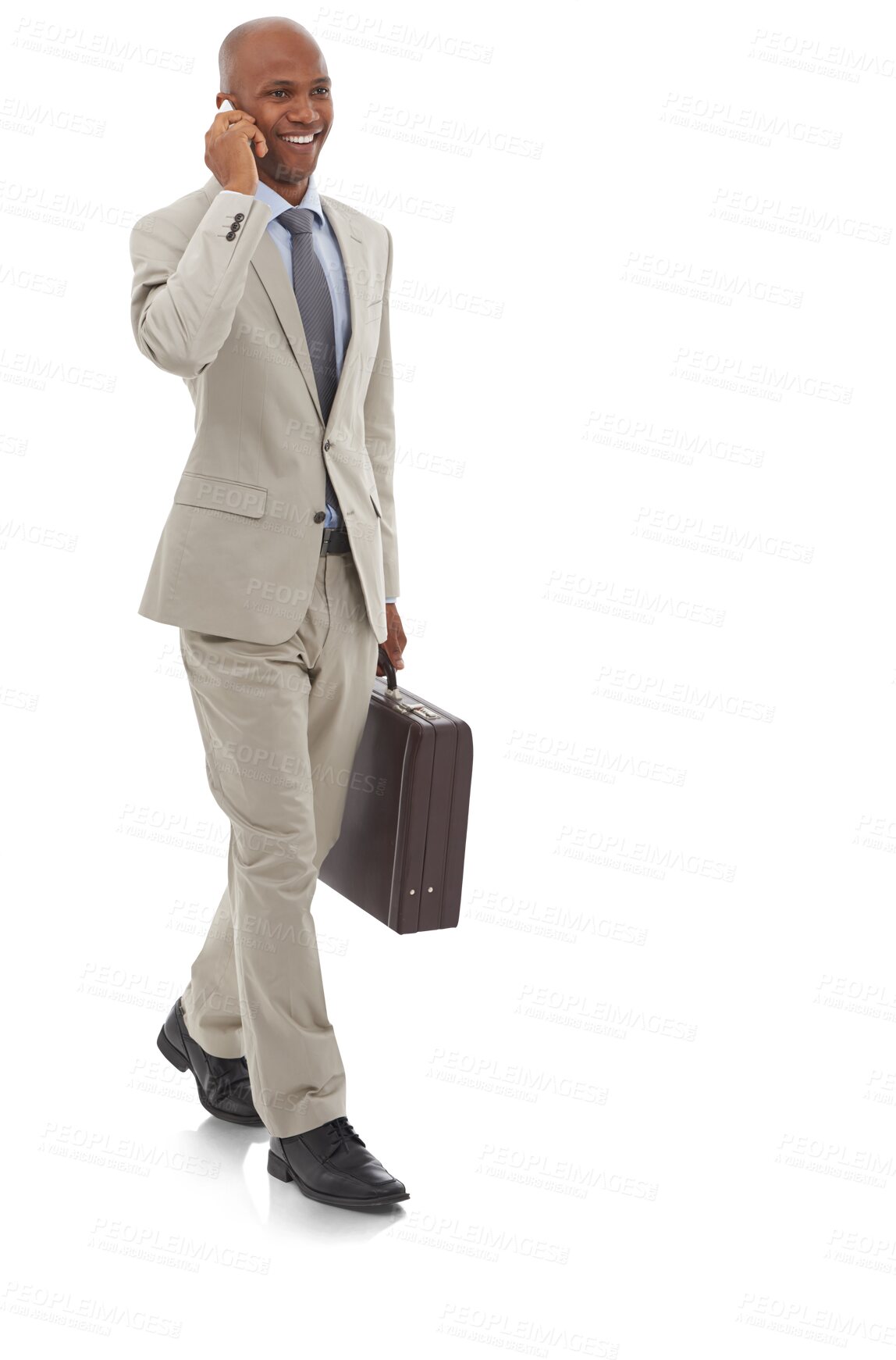 Buy stock photo Business man, briefcase and walking with phone call for communication, feedback and negotiation isolated on transparent png background. African salesman, corporate and mobile contact for conversation