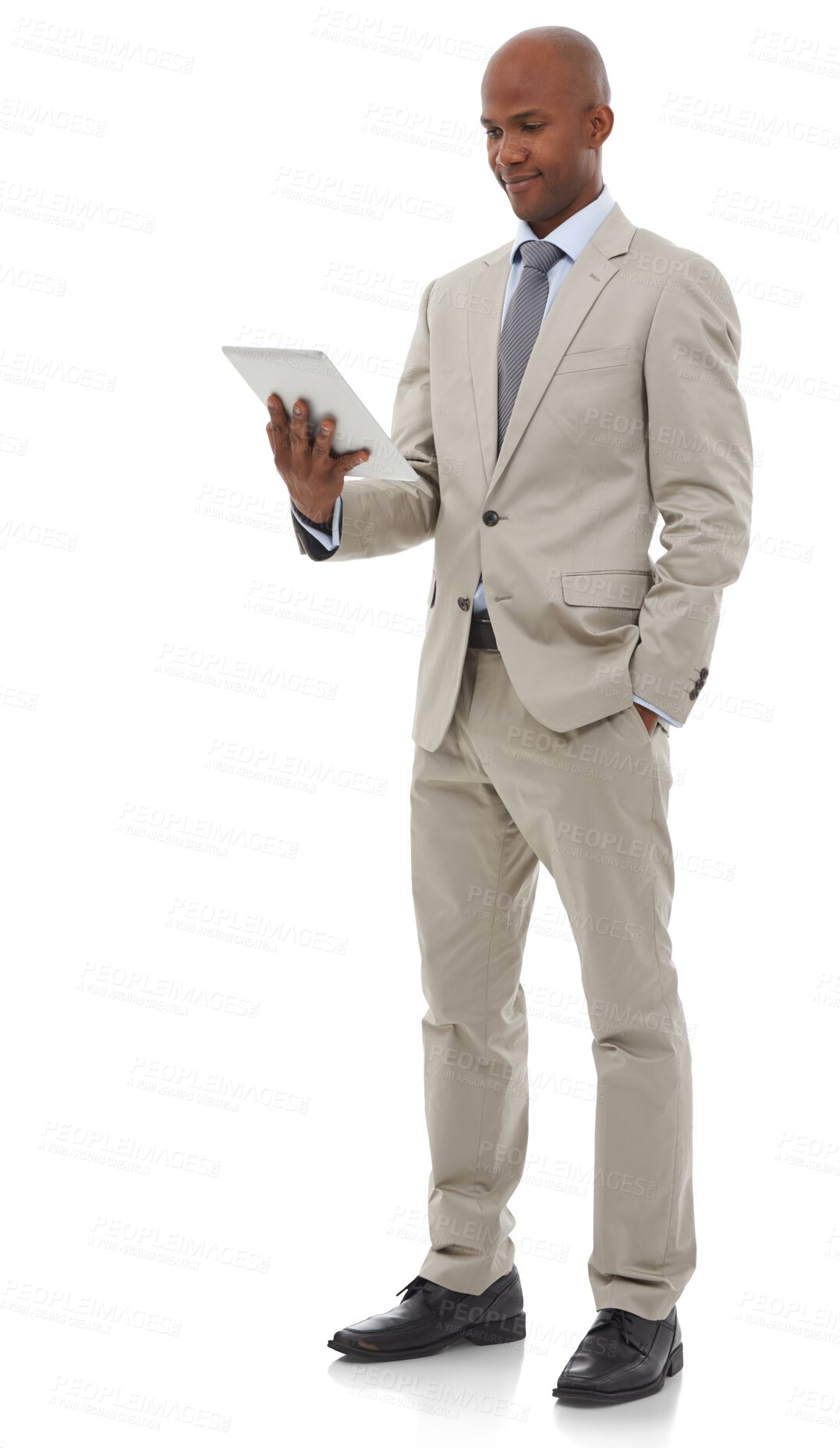 Buy stock photo Business, man and reading tablet for corporate planning, online report and research information isolated on transparent png background. African entrepreneur working on digital technology, web and app