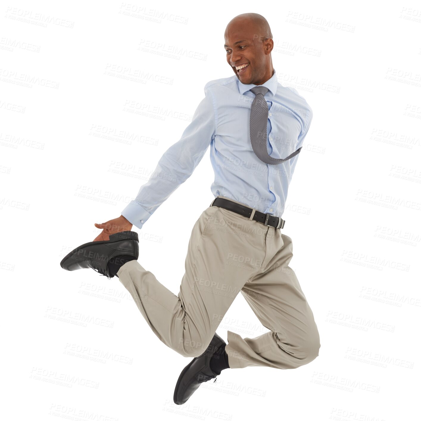 Buy stock photo Excited business man jump for winning success, celebration and isolated on transparent png background. Happy winner, energy and african worker and in air to celebrate bonus, freedom or promotion deal