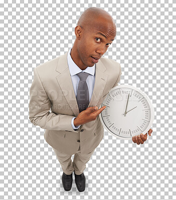 Buy stock photo Business man, clock and portrait of time management with meeting reminder from above. African male professional, job schedule and timer with employee isolated on a transparent, png background
