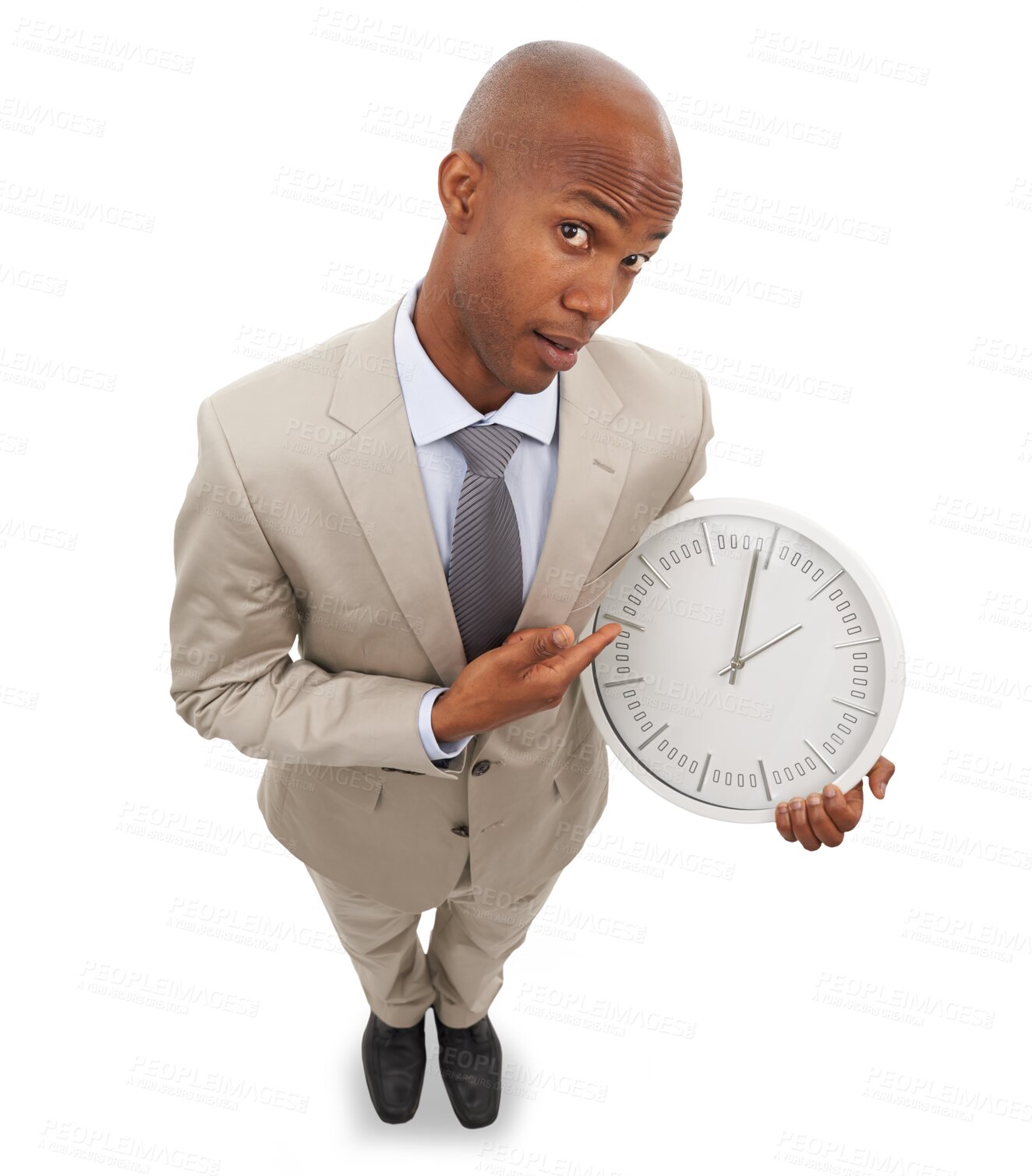 Buy stock photo Business man, clock and portrait of time management with meeting reminder from above. African male professional, job schedule and timer with employee isolated on a transparent, png background
