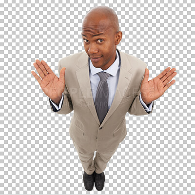 Buy stock photo Portrait, shrug and business man confused, ask and waiting top view on isolated, transparent and png background. Why, face and above guy with hand emoji for guilty, blame or denial and accountability