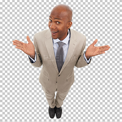 Buy stock photo Confused, portrait and business man shrug for questions, hands or ask from above on isolated, transparent or png background. Top view, face and African guy with why emoji for decision, plan or choice