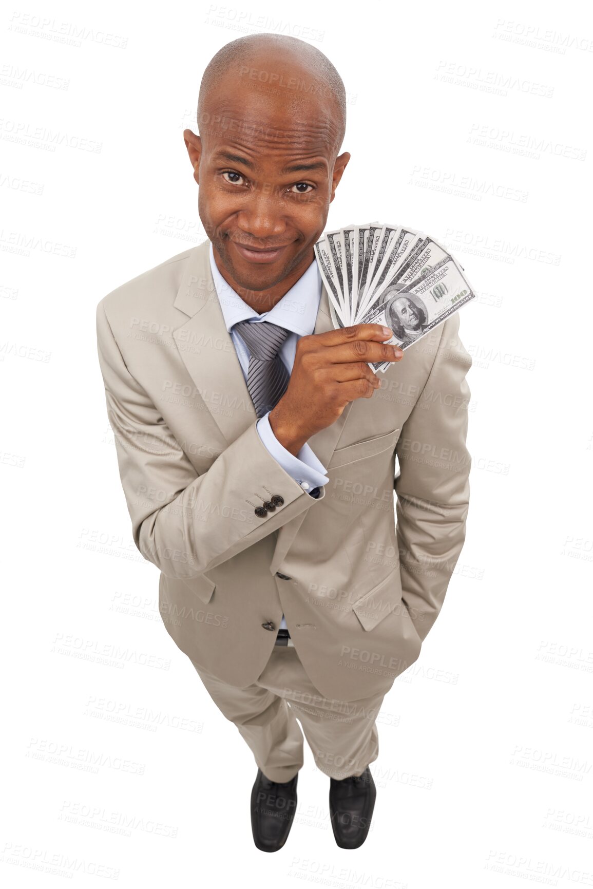 Buy stock photo Man, portrait and top view of money loan on isolated, transparent and png background. Cash, from above and male face with lottery, success or investment, growth and cashback with financial freedom