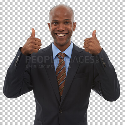 Buy stock photo Thumbs up, portrait and black man in business, happy and isolated on transparent png background. Face, smile and person with like hand, success in review and support, agreement or feedback excellence