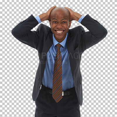 Buy stock photo Stress, business and portrait of black man with anxiety emoji on isolated, transparent or png background. Face, fail and guy manager with disaster, headache or mental health, trauma or mistake crisis