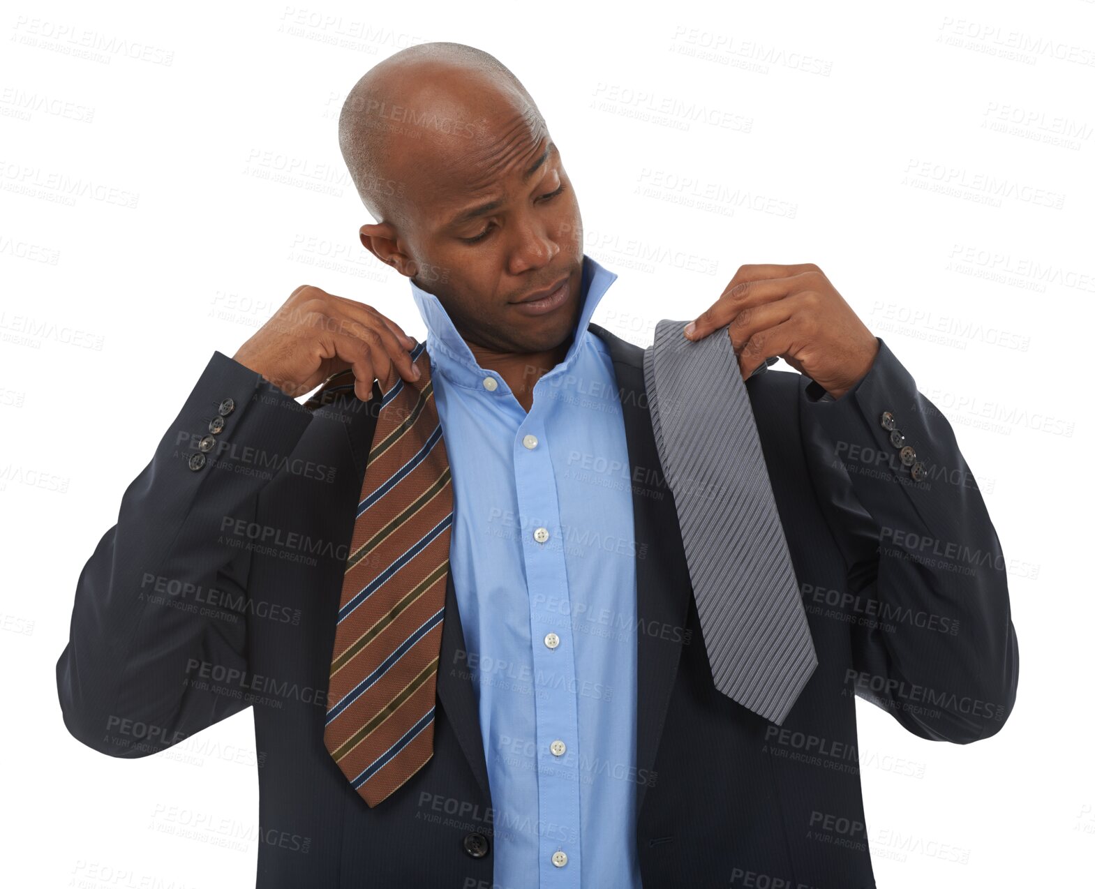 Buy stock photo Picking tie, choice and business man with fashion, style and suit decision for work and job. African male person, professional and thinking about ties isolated on a transparent, png background
