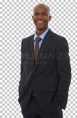 Buy stock photo Portrait, lawyer and confident black man in business isolated on a transparent png background. Smile, attorney and professional, advocate or African worker, happy employee and legal advisor in Kenya