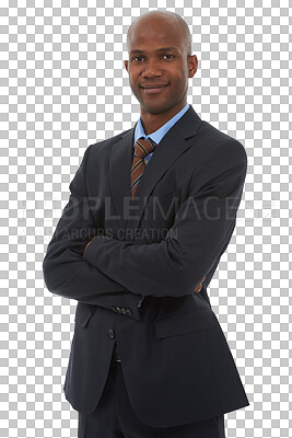 Buy stock photo Portrait, consultant and black man arms crossed in business isolated on a transparent png background. Smile, confidence and professional, entrepreneur or African worker, employee and person in Kenya