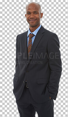 Buy stock photo Smile, happy and portrait of business black man with confidence on png and transparent background. Corporate lawyer, professional and isolated male person in suit for career, job and work goals