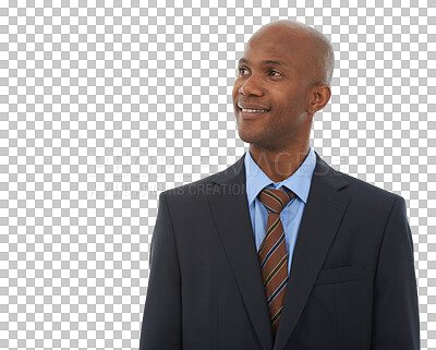 Buy stock photo Black man, thinking of business ideas and career mindset with future and vision isolated on png transparent background. Male worker, inspiration and company goals, decision and solution with question