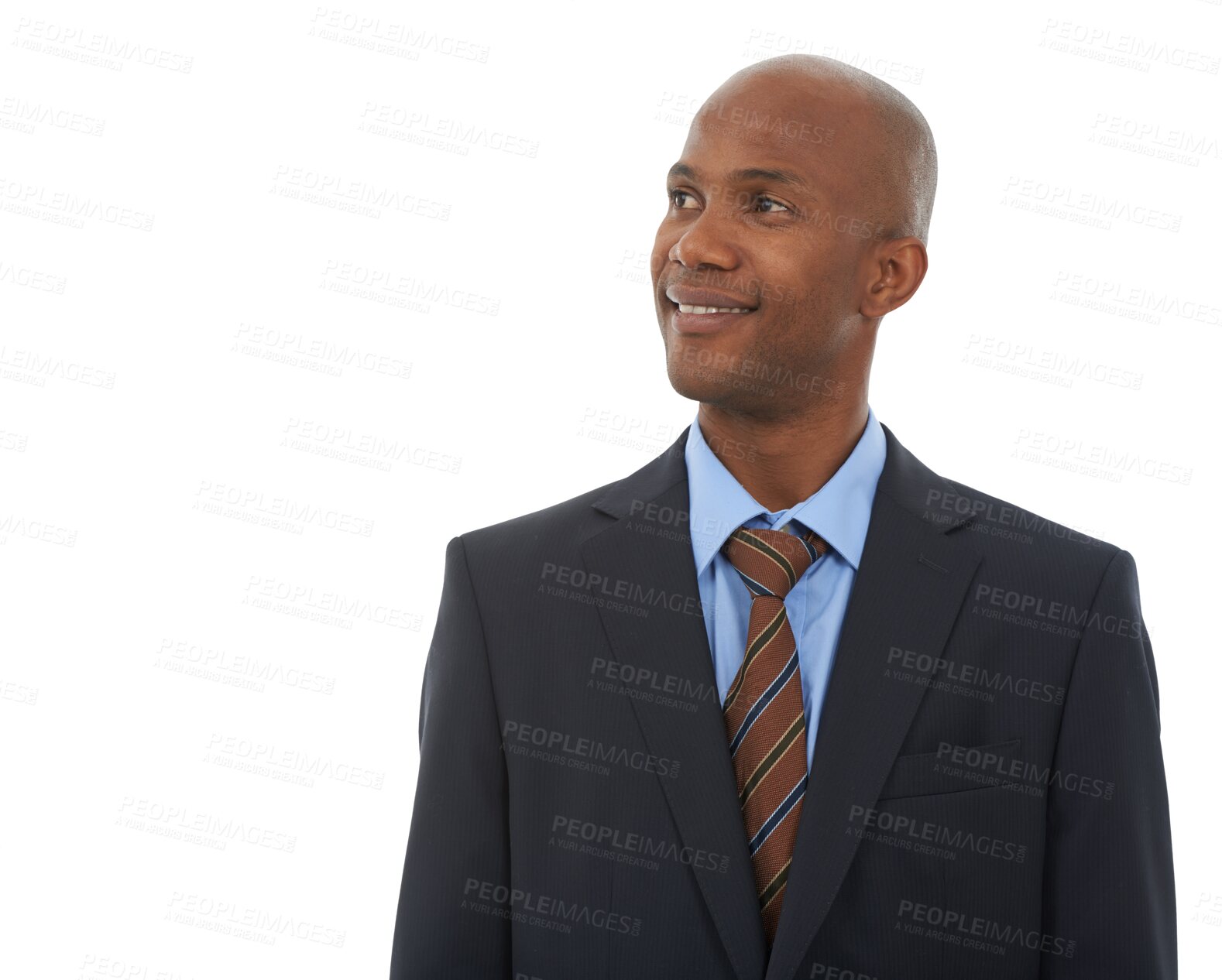 Buy stock photo Black man, thinking of business ideas and career mindset with future and vision isolated on png transparent background. Male worker, inspiration and company goals, decision and solution with question