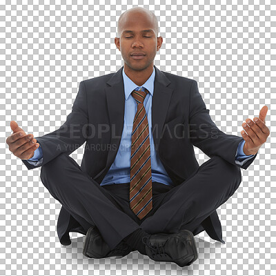 Buy stock photo Black man, business suit and meditation with mindfulness and corporate career isolated on png transparent background. Male employee, peace and calm mindset for job, balance with zen and professional