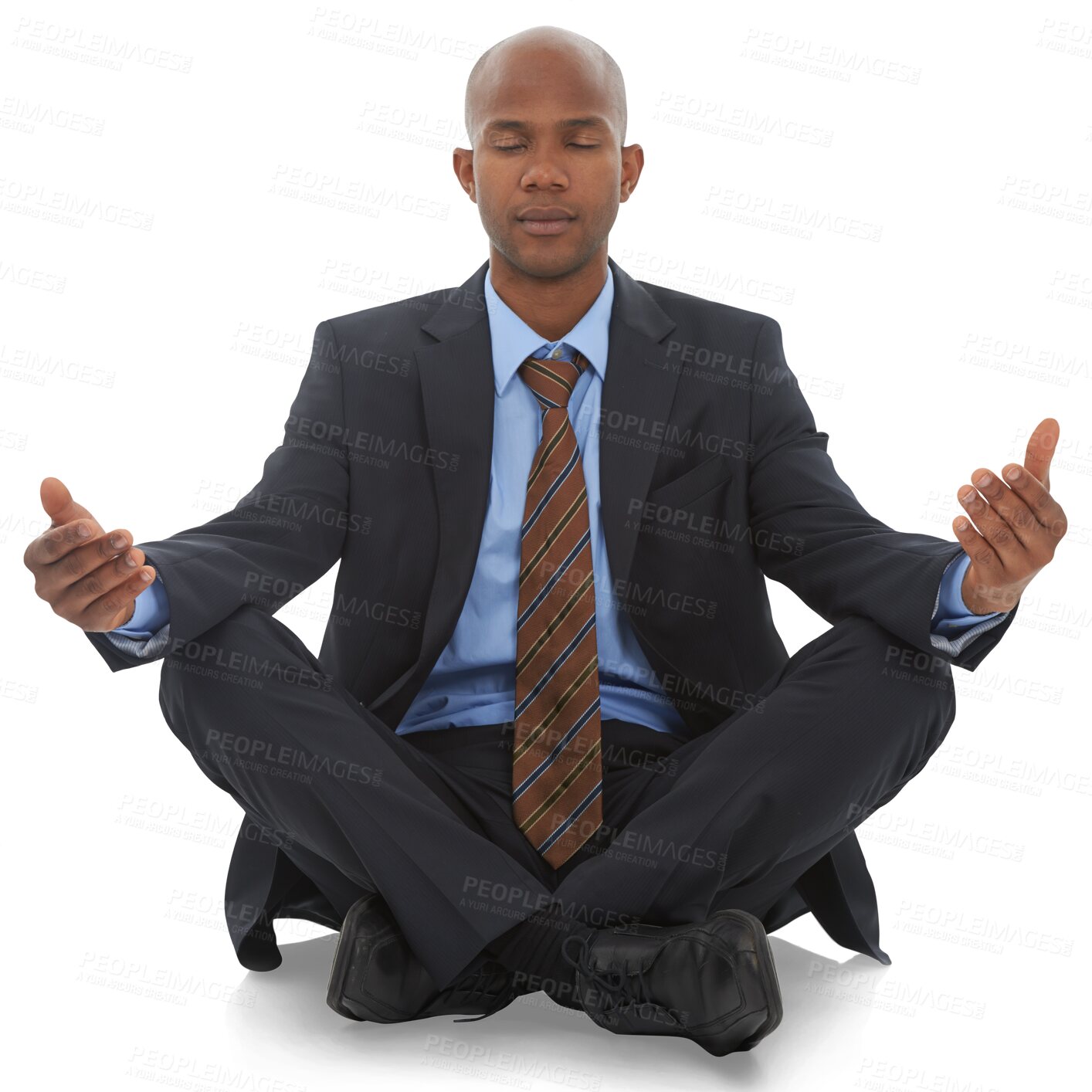 Buy stock photo Black man, business suit and meditation with mindfulness and corporate career isolated on png transparent background. Male employee, peace and calm mindset for job, balance with zen and professional