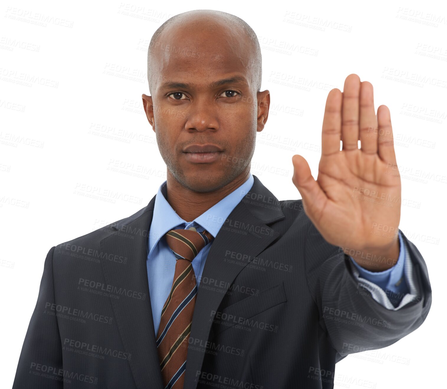 Buy stock photo Stop, hand and business man portrait with warning, threat or limit control on isolated, transparent or png background. Protest, palm and male face with order emoji, sign language and compliance wait 