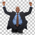 Black man, fist pump and portrait, success in business and celebration isolated on png transparent background. Corporate male person, winning and professional, cheers and happiness with promotion