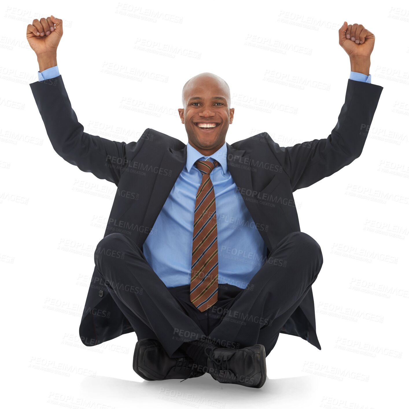 Buy stock photo Black man, fist pump and portrait, success in business and celebration isolated on png transparent background. Corporate male person, winning and professional, cheers and happiness with promotion