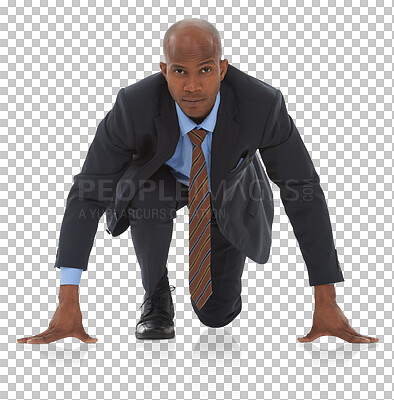 Buy stock photo Portrait, black man and business race, mission and on your mark with determination isolated on png transparent background. Concentration, corporate marathon with African businessman and professional
