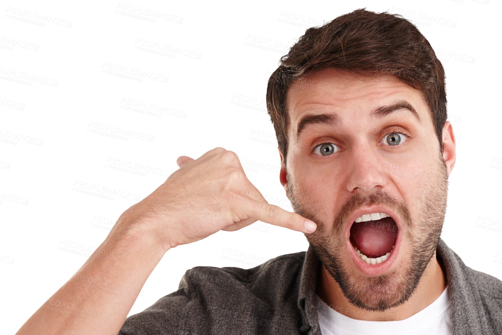 Buy stock photo Phone call, surprise and hand gesture with portrait of man on png for news, announcement and communication. Shocked, shouting and wow with face of person isolated on transparent background for gossip