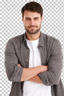 Buy stock photo Hipster, serious man and arms crossed portrait with confidence, casual fashion and modern clothing. Trendy guy, proud and cool male person from Germany isolated on a transparent, png background
