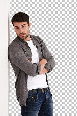 Buy stock photo Wall leaning, man and arms crossed portrait with trendy and hipster fashion with a beard. Confidence, cool and male person from New York with stylish clothing isolated on transparent, png background
