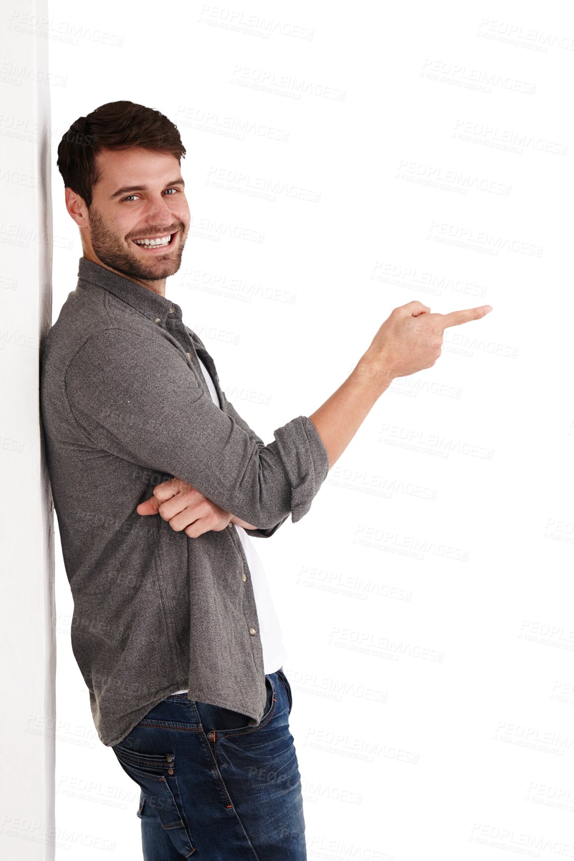 Buy stock photo Wall leaning, man pointing and portrait with promotion, advertising and choice showing marketing. Confidence, cool and person with sale and deal announcement isolated on transparent, png background
