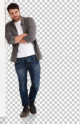 Buy stock photo Wall leaning, man and arms crossed portrait with modern, trendy and hipster fashion. Confidence, cool and male person from New York with stylish clothing isolated on a transparent, png background
