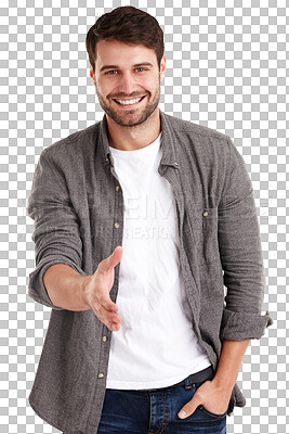 Buy stock photo Man, portrait and handshake for hello, partnership agreement and onboarding isolated on transparent png background. Happy model, shaking hands and offer greeting for networking, welcome and thank you