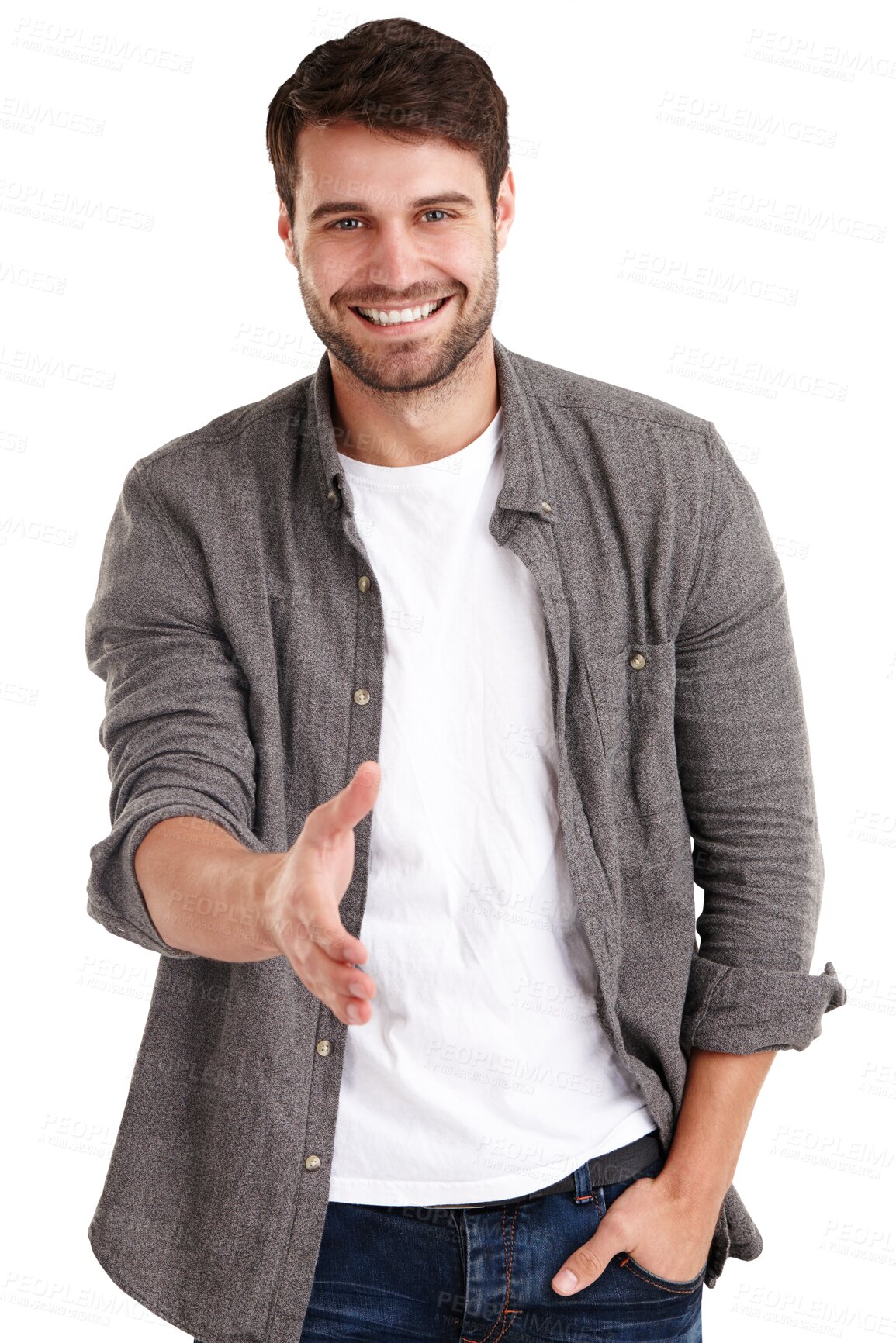 Buy stock photo Man, portrait and handshake for hello, partnership agreement and onboarding isolated on transparent png background. Happy model, shaking hands and offer greeting for networking, welcome and thank you