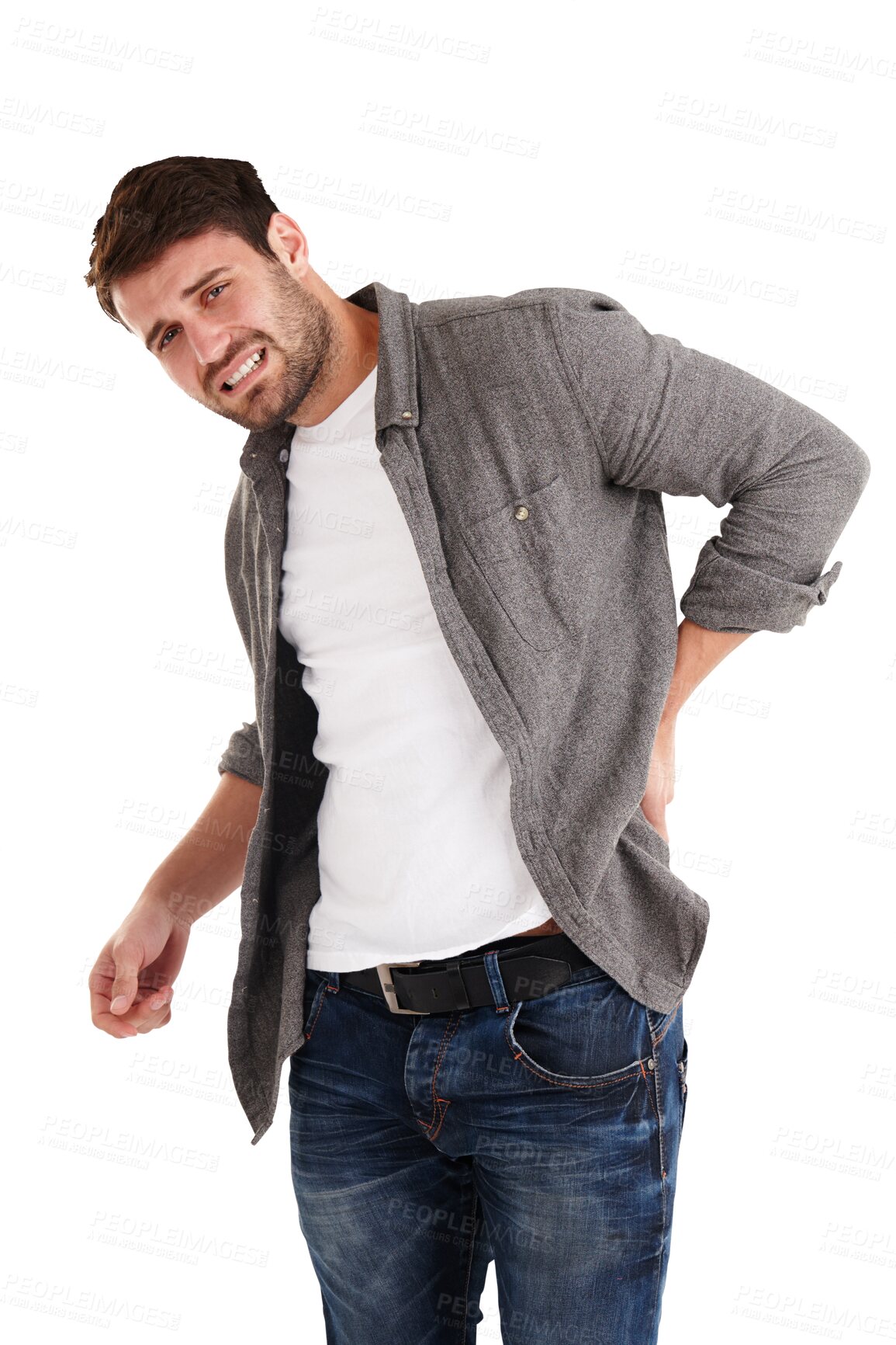 Buy stock photo Man, portrait and back pain of stress, muscle injury and health risk isolated on a transparent png background. Uncomfortable male model, fatigue and worry for posture support, backache and scoliosis