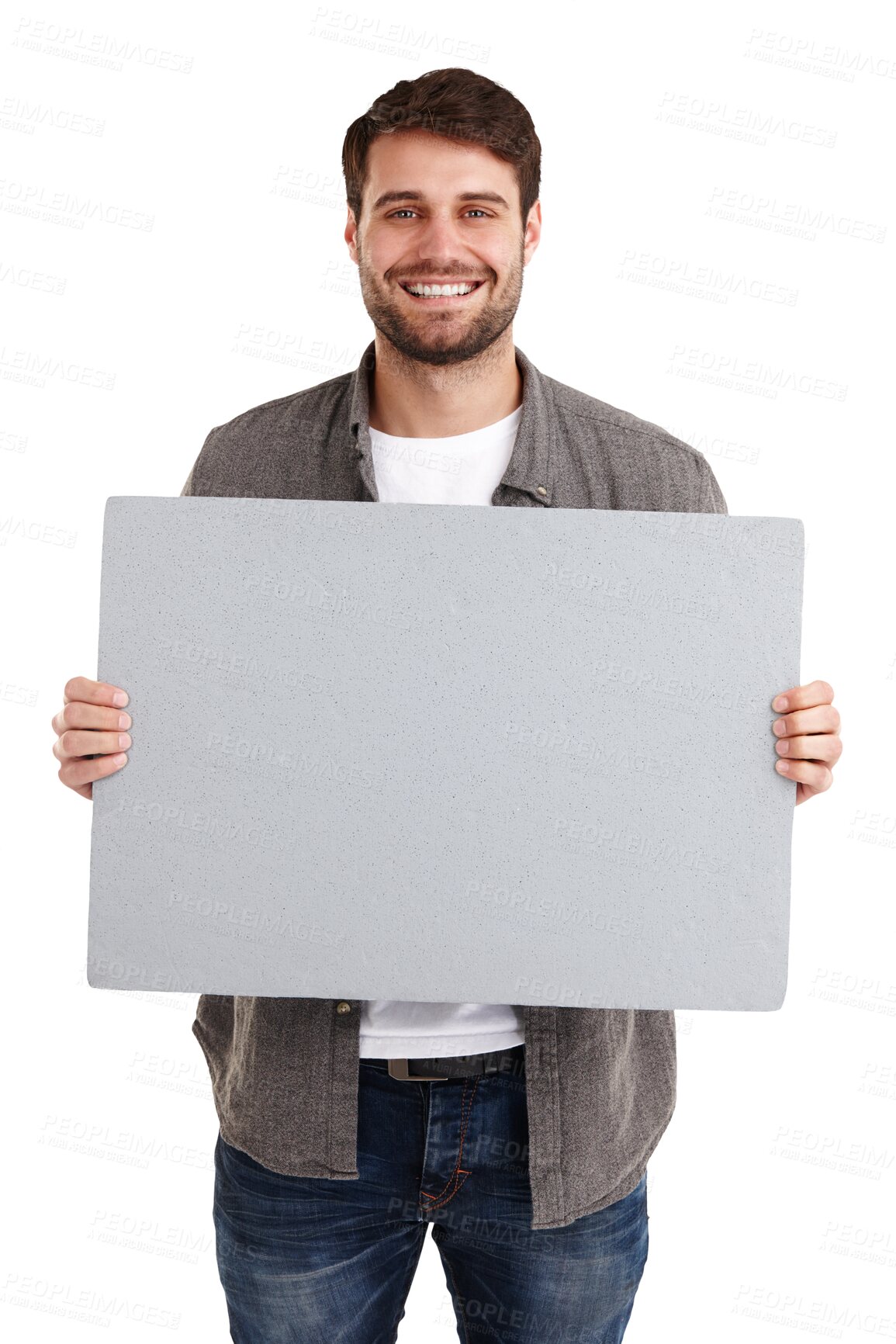 Buy stock photo Portrait, man and mockup on poster for advertising, branding about us and information sign isolated on transparent png background. Happy model show space on paper for promotion, announcement and deal