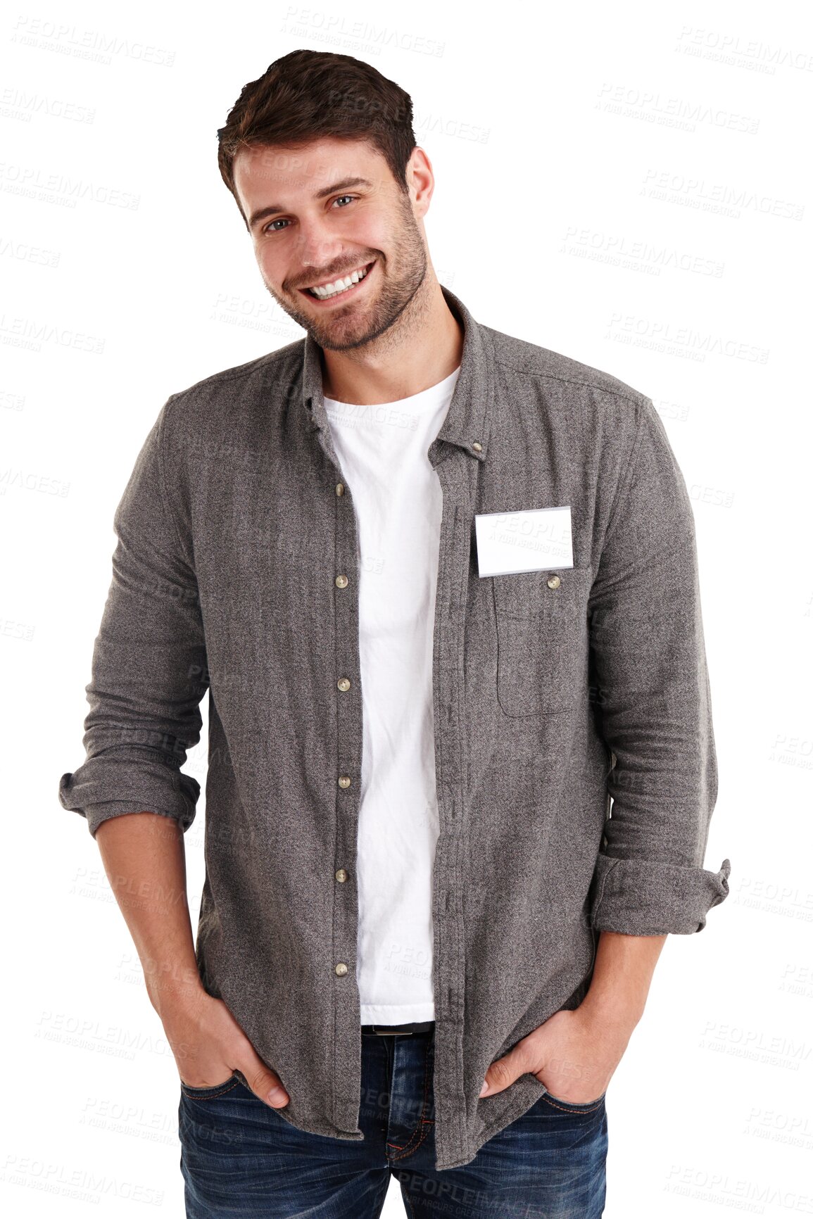 Buy stock photo Name tag, happy and portrait of man with smile on isolated, png and transparent background. Confidence, pride and male person with sticker or business card for networking, social event and label