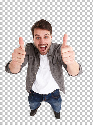 Buy stock photo Thumbs up, happy and portrait of man with smile on isolated, png and transparent background. Like, top view and excited male person with hand gesture for winning, support and thank you for agreement