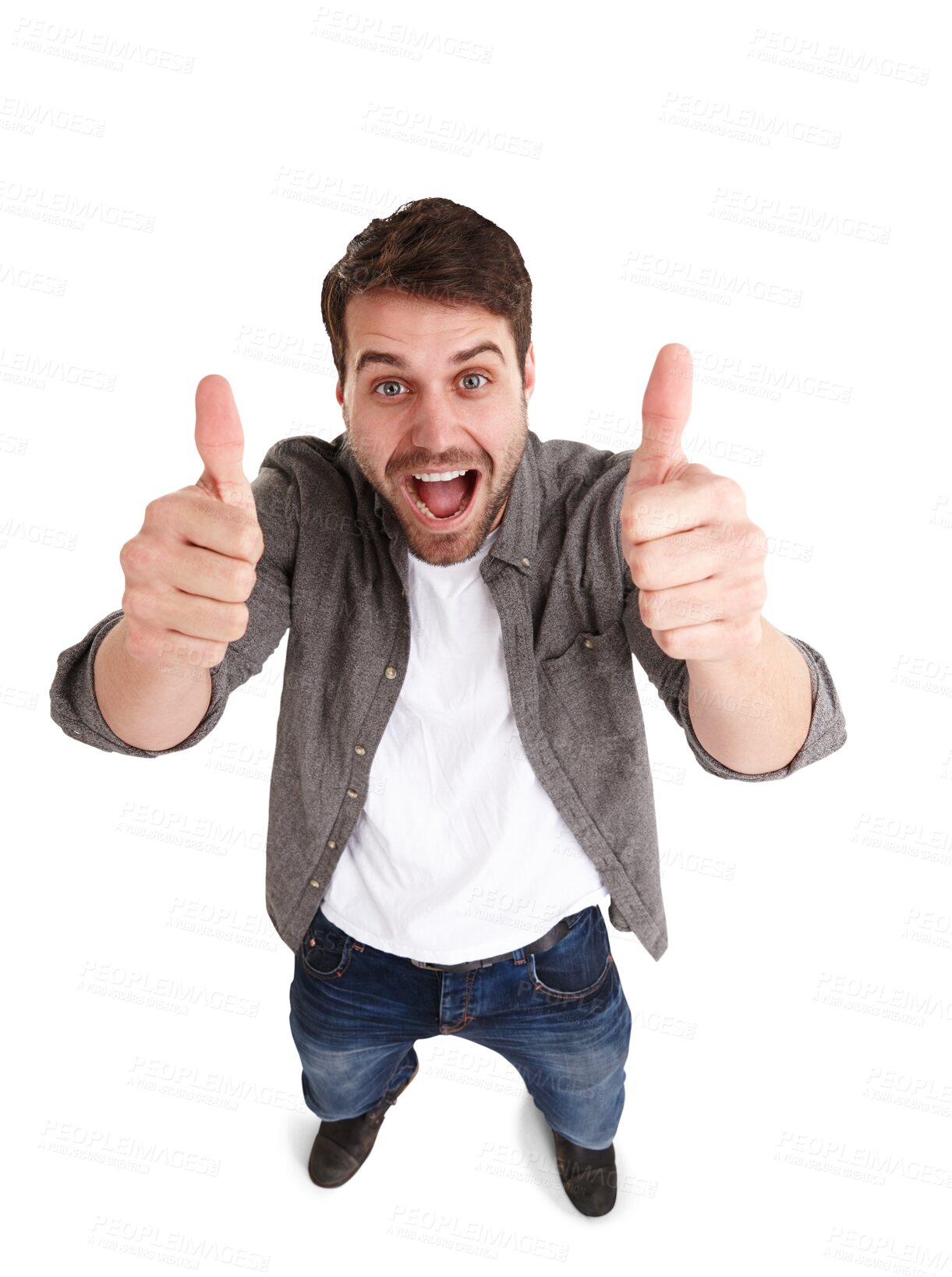 Buy stock photo Thumbs up, happy and portrait of man with smile on isolated, png and transparent background. Like, top view and excited male person with hand gesture for winning, support and thank you for agreement